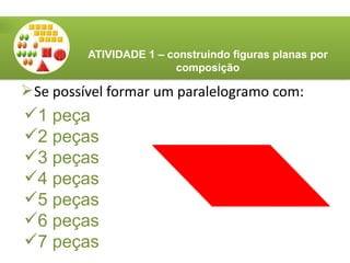 Se possível formar um paralelogramo com:
ATIVIDADE 1 – construindo figuras planas por
composição
1 peça
2 peças
3 peças
4 peças
5 peças
6 peças
7 peças
 