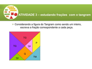 ATIVIDADE 3 – estudando frações com o tangram
 Considerando a figura do Tangram como sendo um inteiro,
escreva a fração correspondente a cada peça.
TG
TG TP
TM
Q
TP
P
 