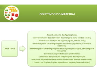 OBJETIVOS DO MATERIAL
OBJETIVOS
- Reconhecimento das figuras planas;
- Reconhecimento dos elementos de uma figura plana (vértice e lado);
- Identificação dos tipos de ângulos (agudo, obtuso, reto);
- Identificação de um triângulo pelos seus lados (equilátero, isósceles e
escaleno);
- Identificação de um triângulo pelos seus ângulos (acutângulo, obtusângulo e
retângulo);
- Estudo das propriedades dos quadriláteros;
- Construção de figuras por composição e decomposição;
- Noção de proporcionalidade (dobro do tamanho; metade do tamanho);
- Estudo com frações (frações equivalentes e operações com frações).
 