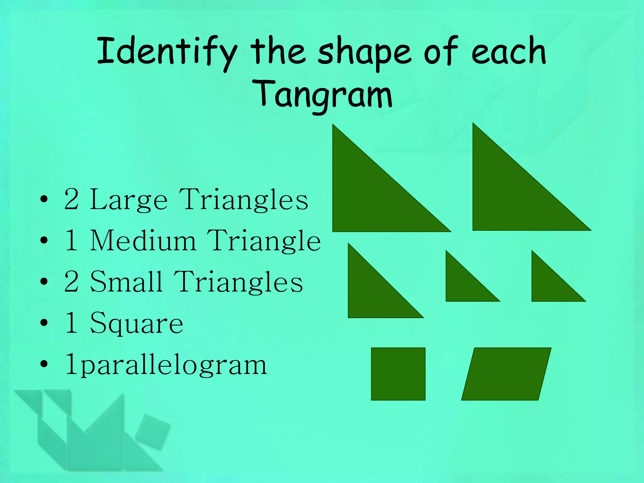 Identify the shape of each 
Tangram 
• 2 Large Triangles 
• 1 Medium Triangle 
• 2 Small Triangles 
• 1 Square 
• 1parallelogram 
 