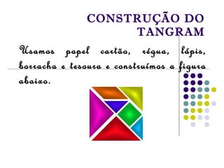 CONSTRUÇÃO DO
TANGRAM
Usamos papel cartão, régua, lápis,
borracha e tesoura e construímos a figura
abaixo.
 