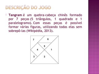  Tangram é um quebra-cabeça chinês formado
por 7 peças (5 triângulos, 1 quadrado e 1
paralelogramo). Com essas peças é possível
formar várias figuras, utilizando todas elas sem
sobrepô-las (Wikipédia, 2013).
 