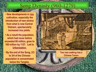Song Dynasty (960-1279) New developments in  rice  cultivation, especially the introduction of new strains from what is now Central Vietnam, spectacularly increased rice yields.  As a result the population, which had never before exceeded 60 million, grew to 100 million by 1127.   Led to  Urbanization. By the end of the Song, 2/3 to 3/4 of the Chinese population is concentrated below the Yangtze. Two men walking into a Chinese Tavern 