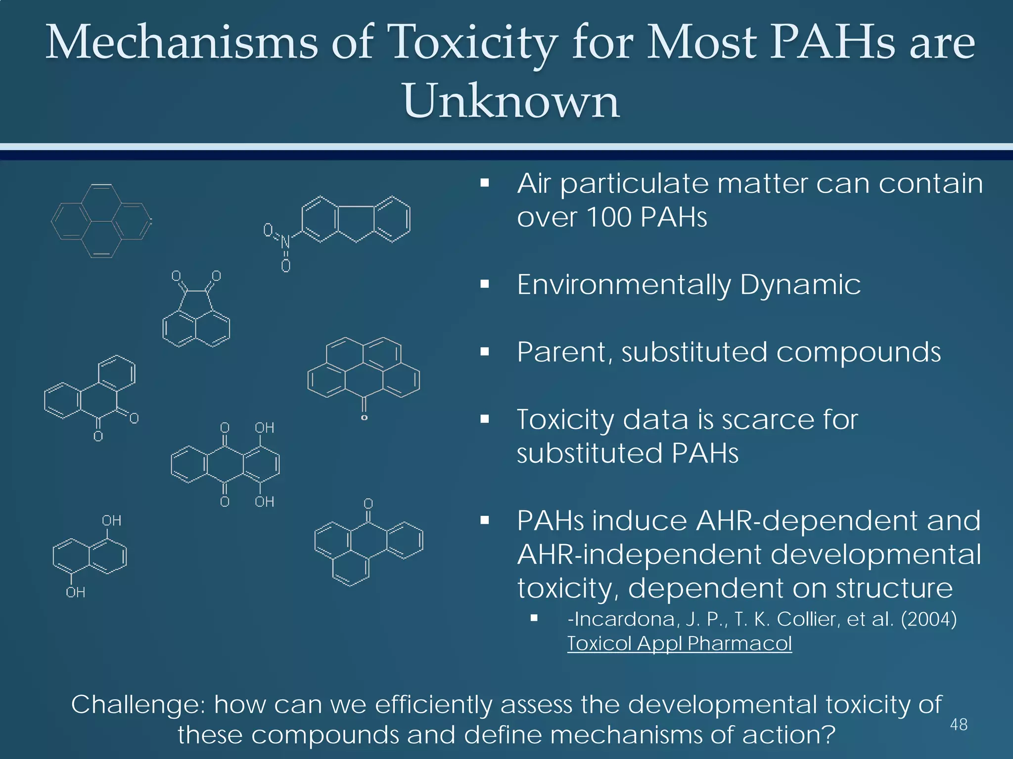 Mechanisms of Toxicity for Most PAHs are
Unknown
48
Challenge: how can we efficiently assess the developmental toxicity of
these compounds and define mechanisms of action?
 Air particulate matter can contain
over 100 PAHs
 Environmentally Dynamic
 Parent, substituted compounds
 Toxicity data is scarce for
substituted PAHs
 PAHs induce AHR-dependent and
AHR-independent developmental
toxicity, dependent on structure
 -Incardona, J. P., T. K. Collier, et al. (2004)
Toxicol Appl Pharmacol
 
