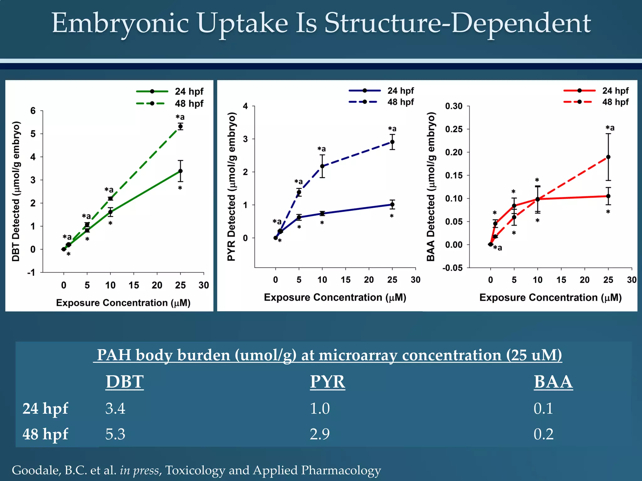 Embryonic Uptake Is Structure-Dependent
PAH body burden (umol/g) at microarray concentration (25 uM)
DBT PYR BAA
24 hpf 3.4 1.0 0.1
48 hpf 5.3 2.9 0.2
Goodale, B.C. et al. in press, Toxicology and Applied Pharmacology
 