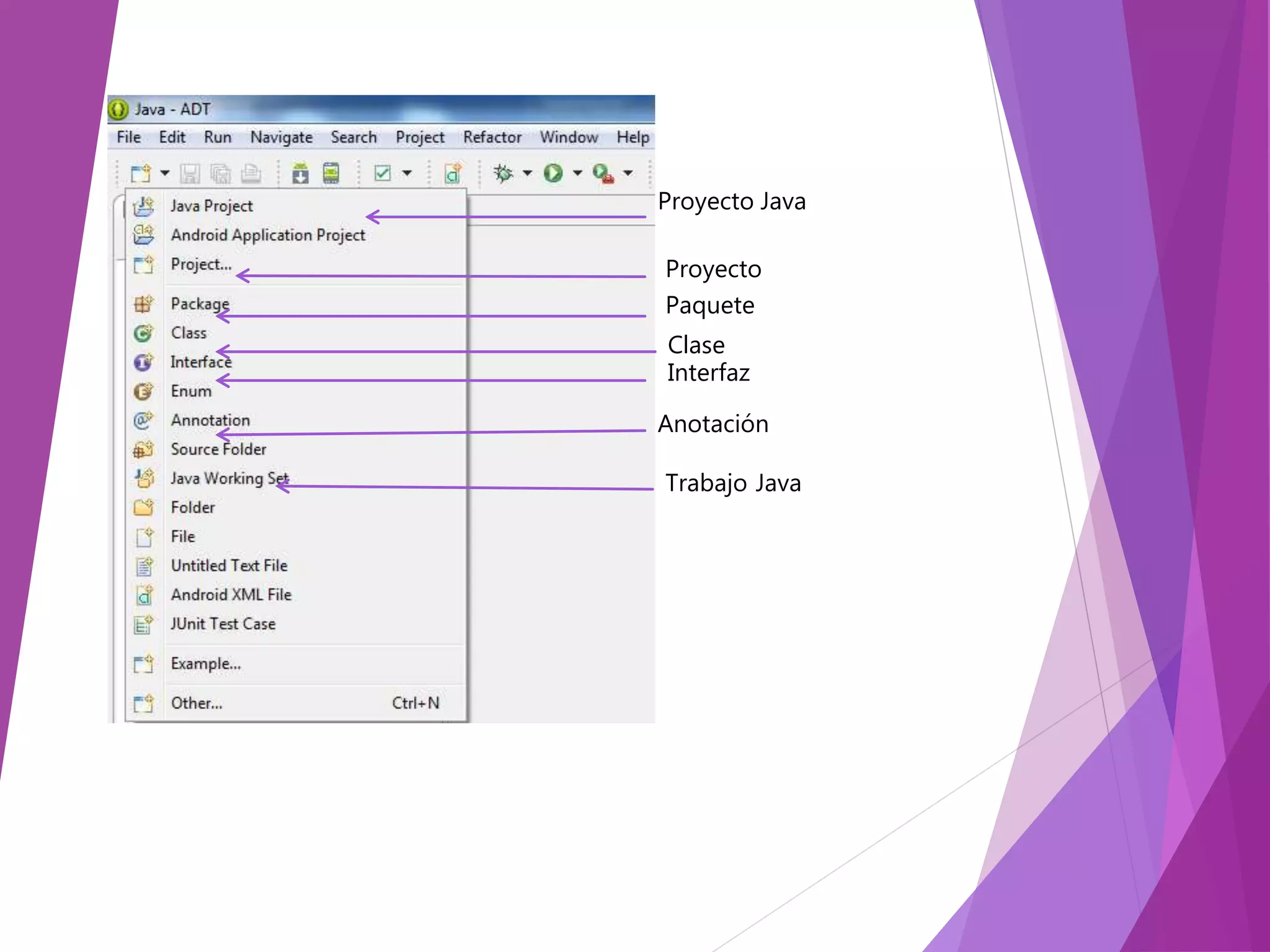 Proyecto Java
Proyecto
Clase
Interfaz
Anotación
Paquete
Trabajo Java
 