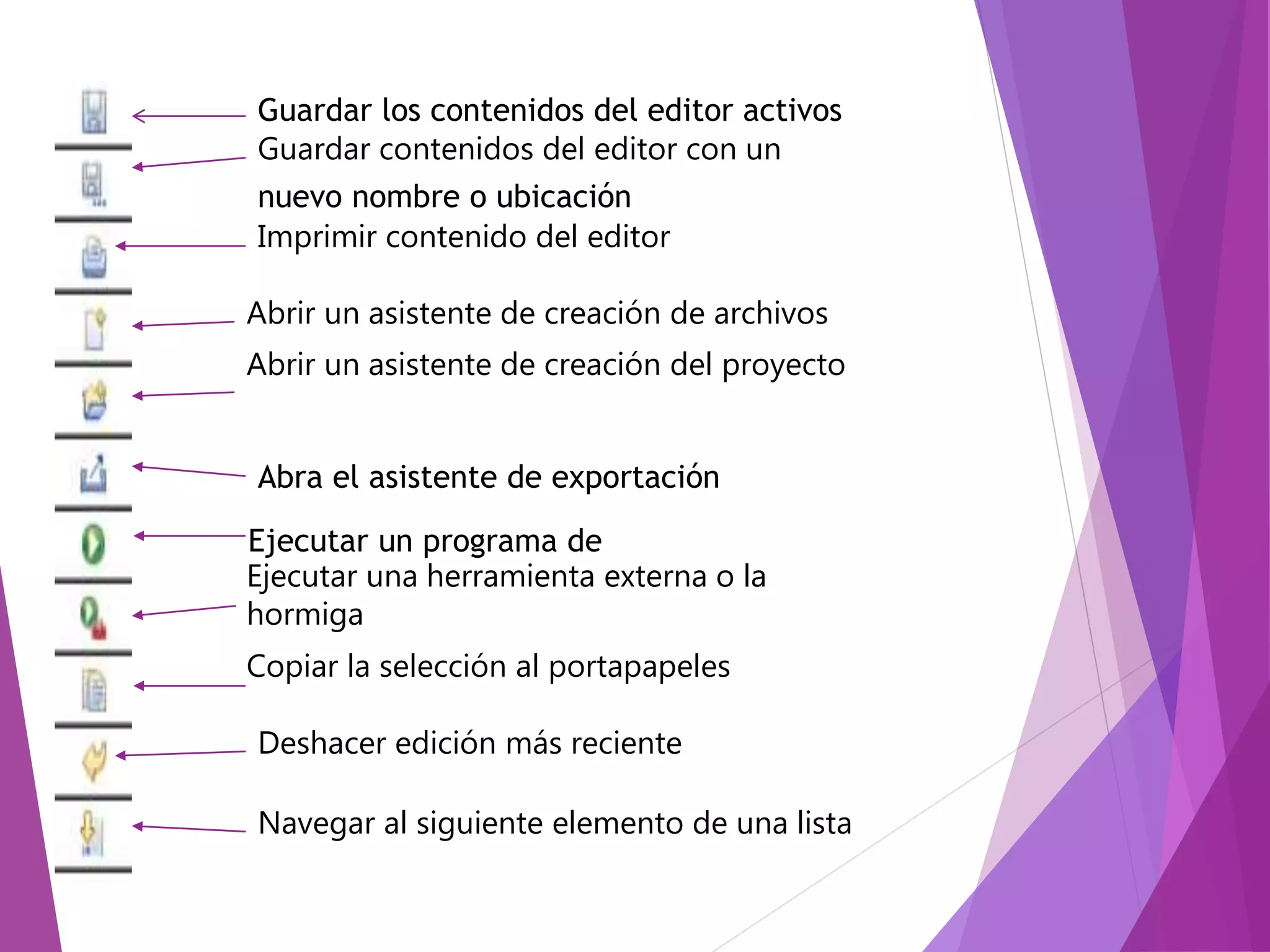 Guardar los contenidos del editor activos
Guardar contenidos del editor con un
nuevo nombre o ubicación
Imprimir contenido del editor
Abrir un asistente de creación de archivos
Abrir un asistente de creación del proyecto
Abra el asistente de exportación
Ejecutar un programa de
Ejecutar una herramienta externa o la
hormiga
Copiar la selección al portapapeles
Deshacer edición más reciente
Navegar al siguiente elemento de una lista
 