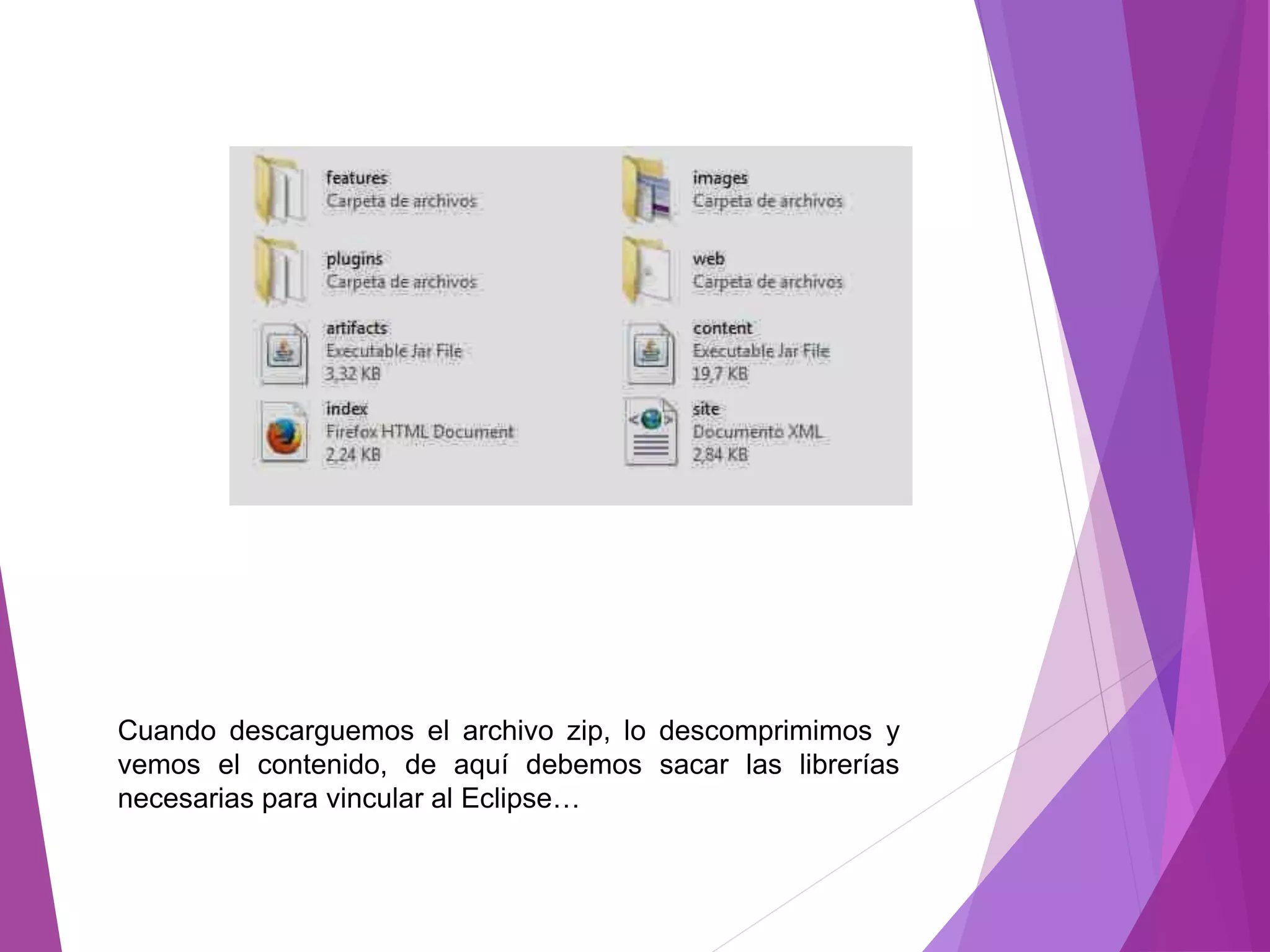 Cuando descarguemos el archivo zip, lo descomprimimos y
vemos el contenido, de aquí debemos sacar las librerías
necesarias para vincular al Eclipse…
 