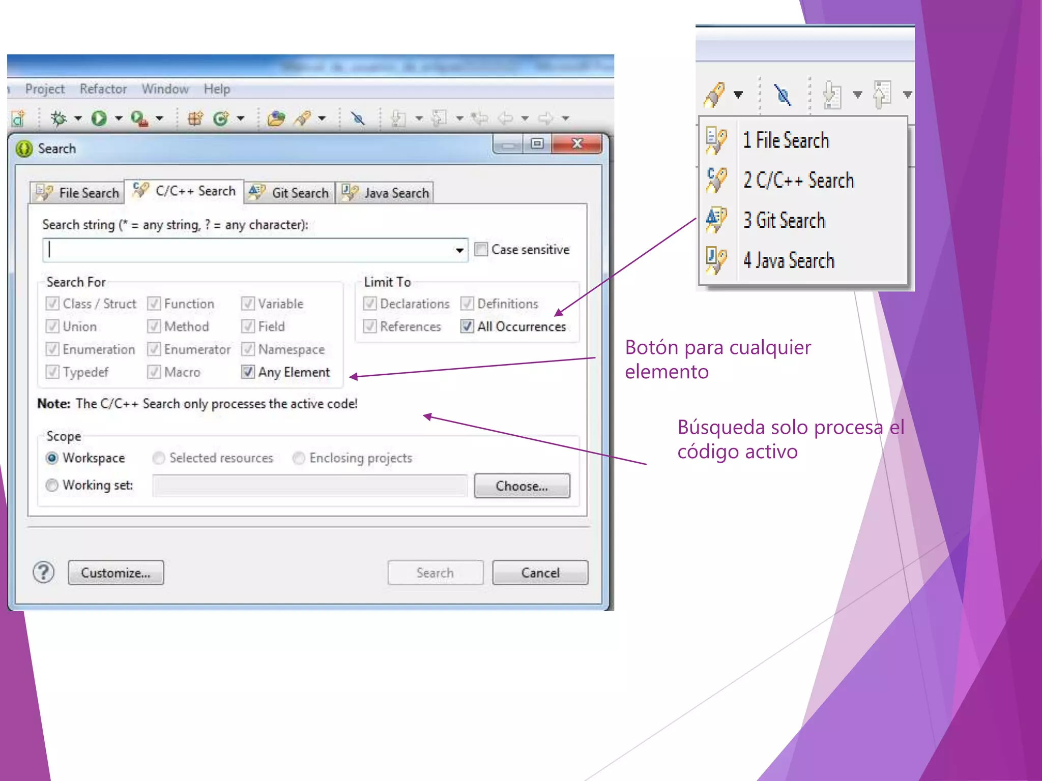 Búsqueda solo procesa el
código activo
Botón para cualquier
elemento
 