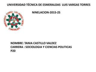 UNIVERSIDAD TÉCNICA DE ESMERALDAS LUIS VARGAS TORRES
NINELACION-2015-2S
NOMBRE: TANIA CASTILLO VALDEZ
CARRERA : SOCIOLOGIA Y CIENCIAS POLITICAS
P20
 
