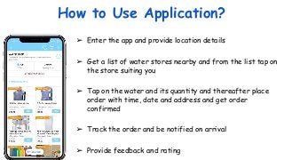 How to Use Application?
➢ Enter the app and provide location details
➢ Get a list of water stores nearby and from the list...