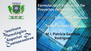 Formulación Y Evaluación De
Proyectos de Inversión

Unidad 2: Estudio De Mercado

    Tania Enríquez García

    M.I. Patricia Gamboa
          Rodríguez
 