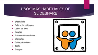 USOS MAS HABITUALES DE
SLIDESHARE
 Enseñanza
 Galería de imágenes
 Casos de éxito
 Recetas
 Frases e inspiraciones
 Infografías
 Guías y tutoriales
 Books
 Ensayos
 