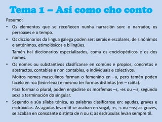 Tema 1 – Así como cho conto
Resumo:
• Os elementos que se recoñecen nunha narración son: o narrador, os
persoaxes e o tempo.
• Os diccionarios da lingua galega poden ser: xerais e escolares, de sinónimos
e antónimos, etimolóxicos e bilingües.
Tamén hai diccionarios especializados, coma os enciclopédicos e os dos
nomes.
• Os nomes ou substantivos clasifícanse en comúns e propios, concretos e
abstractos, contables e non contables, e individuais e colectivos.
Moitos nomes masculinos forman o femenino en –a, pero tamén poden
facelo en -oa (león-leoa) e mesmo ter formas distintas (rei – raíña).
Para formar o plural, poden engadirse os morfemas –s, -es ou –is, segundo
sexa a terminación do singular.
• Segundo a súa sílaba tónica, as palabras clasifícanse en: agudas, graves e
esdrúxulas. As agudas levan til se acaban en vogal, -n, -s ou –ns; as graves,
se acaban en consoante distinta de n ou s; as esdrúxulas levan sempre til.

 