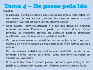 Tema 4 – De paseo pola lúa
Resumo:
• O pareado é unha estrofa de dous versos coa rima.A tercercetilla ten
tres versos,con rima a – a.A copla ten catro versos,e riman en asoante
os pares.A cuarteta ten catro versos, con rima a b a b.
• Unha palabra primitiva derivada é a que non deriva de ningunha
outra.As derivadas fòrmanse a partir de palabras dunha palabra
primitiva ao engadirlle prefixos ou sufixos.As palabras compostas
resultan da uniòn de dúas (ou màis)palabras simples.
• Os pronombres personais substitùen un nome (ou unha frase cuxo
núcleo é un nome)e indican a persoa gramatical.Teñen formas tònicas e
atónas.
Os pronombres indefinidos indicanunha cantidade imprecisa ou
refírense a unha persoa ou a unha cousa indeterminada.Poden ser
variables ou invariables.
• O til ou tíl diacrítico é o acento gráfico que serve para distinguir dúas
palabras coa mesma forma,pero con diferente pronuncia e significado.

 