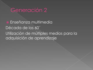 Enseñanza multimedia
Década de los 60´
Utilización de múltiples medios para la
adquisición de aprendizaje