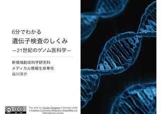 6分でわかる 
遺伝子検査のしくみ
—21世紀のゲノム医科学—
新領域創成科学研究科

メディカル情報生命専攻

谷川洋介

This work by Yosuke Tanigawa is licensed under
a Creative Commons Attribution-ShareAlike 4.0
International License.
 