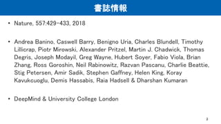 書誌情報
• Nature, 557:429-433, 2018
• Andrea Banino, Caswell Barry, Benigno Uria, Charles Blundell, Timothy
Lillicrap, Piotr ...