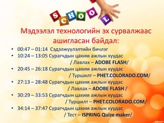 Мэдээлэл технологийн эх сурвалжаас
ашигласан байдал:
• 00:47 – 01:14 Сэдэлжүүлэлтийн бичлэг
• 10:24 – 13:05 Сурагчдын цахим ажлын хуудас
/ Лавлах – ADOBE FLASH/
• 20:45 – 26:18 Сурагчдын цахим ажлын хуудас
/ Туршилт – PHET.COLORADO.COM/
• 27:13 – 28:48 Сурагчдын цахим ажлын хуудас
/ Лавлах – ADOBE FLASH /
• 30:29 – 33:53 Сурагчдын цахим ажлын хуудас
/ Туршилт – PHET.COLORADO.COM/
• 34:14 – 37:47 Сурагчдын цахим ажлын хуудас
/ Тест – ISPRING Quize maker/
 