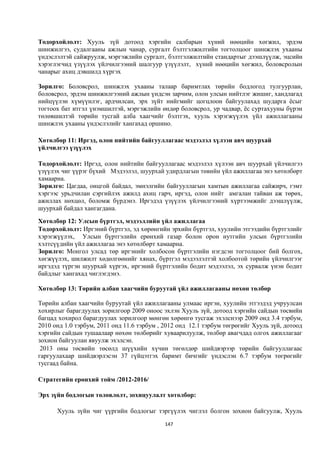 Тодорхойлолт: Хууль зүй дотоод хэргийн салбарын хүний нөөцийн хөгжил, эрдэм
шинжилгээ, судалгааны ажлын чанар, сургалт бэлтгэлжилтийн тогтолцоог шинжлэх ухааны
үндэслэлтэй сайжруулж, мэргэжлийн сургалт, бэлтгэлжилтийн стандартыг дээшлүүлж, эцсийн
хэрэглэгчид үзүүлэх үйлчилгээний шалгуур үзүүлэлт, хүний нөөцийн хөгжил, боловсролын
чанарыг ахиц дэвшилд хүргэх

Зорилго: Боловсрол, шинжлэх ухааны талаар баримтлах төрийн бодлогод тулгуурлан,
боловсрол, эрдэм шинжилгээний ажлын үндсэн зарчим, олон улсын нийтлэг жишиг, хандлагад
нийцүүлэн хүмүүнлэг, ардчилсан, эрх зүйт нийгмийг цогцлоон байгуулахад шударга ёсыг
тогтоох бат итгэл үнэмшилтэй, мэргэжлийн өндөр боловсрол, ур чадвар, ёс суртахууны бүрэн
төлөвшилтэй төрийн тусгай алба хаагчийг бэлтгэх, хууль хэрэгжүүлэх үйл ажиллагааны
шинжлэх ухааны үндэслэлийг хангахад оршино.

Хөтөлбөр 11: Иргэд, олон нийтийн байгууллагаас мэдээлэл хүлээн авч шуурхай
үйлчилгээ үзүүлэх

Тодорхойлолт: Иргэд, олон нийтийн байгууллагаас мэдээлэл хүлээн авч шуурхай үйлчилгээ
үзүүлэх чиг үүрэг бүхий Мэдээлэл, шуурхай удирдлагын төвийн үйл ажиллагаа энэ хөтөлбөрт
хамаарна.
Зорилго: Цагдаа, онцгой байдал, эмнэлгийн байгууллагын хамтын ажиллагаа сайжирч, гэмт
хэргээс урьдчилан сэргийлэх ажилд ахиц гарч, иргэд, олон нийт амгалан тайван аж төрөх,
ажиллах нөхцөл, боломж бүрдэнэ. Иргэдэд үзүүлэх үйлчилгээний хүртээмжийг дээшлүүлж,
шуурхай байдал хангагдана.
Хөтөлбөр 12: Улсын бүртгэл, мэдээллийн үйл ажиллагаа
Тодорхойлолт: Иргэний бүртгэл, эд хөрөнгийн эрхийн бүртгэл, хуулийн этгээдийн бүртгэлийг
хэрэгжүүлэх, Улсын бүртгэлийн ерөнхий газар болон орон нутгийн улсын бүртгэлийн
хэлтсүүдийн үйл ажиллагаа энэ хөтөлбөрт хамаарна.
Зорилго: Монгол улсад төр иргэнийг холбосон бүртгэлийн нэгдсэн тогтолцоог бий болгох,
хөгжүүлэх, шилжилт хөдөлгөөнийг хянах, бүртгэл мэдээлэлтэй холбоотой төрийн үйлчилгээг
иргэдэд түргэн шуурхай хүргэх, иргэний бүртгэлийн бодит мэдээлэл, эх сурвалж үнэн бодит
байдлыг хангахад чиглэгдэнэ.

Хөтөлбөр 13: Төрийн албан хаагчийн буруутай үйл ажиллагааны нөхөн төлбөр

Төрийн албан хаагчийн буруутай үйл ажиллагааны улмаас иргэн, хуулийн этгээдэд учруулсан
хохирлыг барагдуулах зорилгоор 2009 оноос эхлэн Хууль зүй, дотоод хэргийн сайдын төсвийн
багцад хохирол барагдуулах зорилгоор мөнгөн хөрөнгө тусгаж эхэлснээр 2009 онд 3.4 тэрбум,
2010 онд 1.0 тэрбум, 2011 онд 11.6 тэрбум , 2012 онд 12.1 тэрбум төгрөгийг Хууль зүй, дотоод
хэргийн сайдын тушаалаар нөхөн төлбөрийг хуваарилуулж, төлбөр авагчдад олгох ажиллагааг
зохион байгуулан явуулж эхэлсэн.
 2013 оны төсвийн төсөлд шүүхийн хүчин төгөлдөр шийдвэрээр төрийн байгууллагаас
гаргуулахаар шийдвэрлэсэн 37 гүйцэтгэх баримт бичгийг үндэслэн 6.7 тэрбум төгрөгийг
тусгаад байна.

Стратегийн ерөнхий тойм /2012-2016/

Эрх зүйн бодлогын төлөвлөлт, зохицуулалт хөтөлбөр:

      Хууль зүйн чиг үүргийн бодлогыг тэргүүлэх чиглэл болгон зохион байгуулж, Хууль
                                            147
 