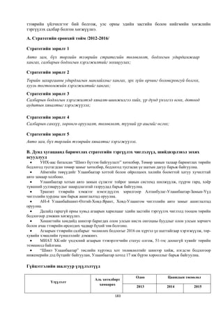 тээврийн үйлчилгээг бий болгож, улс орны эдийн засгийн болон нийгмийн хөгжлийн
тэргүүлэх салбар болгон хөгжүүлнэ.

А. Стратегийн ерөнхий тойм /2012-2016/

Стратегийн зорилт 1
Авто зам, бүх төрлийн тээврийн стратегийн төлөвлөлт, бодлогын удирдамжаар
хангах, салбарын бодлогын хэрэгжилтийг зохицуулах;

Стратегийн зорилт 2
Төрийн захиргааны удирдлагын манлайллыг хангах, эрх зүйн орчинг боловсронгуй болгох,
хууль тогтоомжийн хэрэгжилтийг хангах;
Стратегийн зорилт 3
Салбарын бодлогын хэрэгжилтэд хяналт-шинжилгээ хийх, үр дүнд үнэлгээ өгөх, дотоод
аудитын хяналтыг хэрэгжүүлэх;

Стратегийн зорилт 4
Салбарын санхүү, хөрөнгө оруулалт, төлөвлөлт, түүний үр ашгийг өсгөх;

Стратегийн зорилт 5
Авто зам, бүх төрлийн тээврийн хяналтыг хэрэгжүүлэх.

В. Дунд хугацаанд баримтлах стратегийн тэргүүлэх чиглэлүүд, шийдвэрлэвэл зохих
асуудлууд
       УИХ-аас баталсан “Шинэ бүтээн байгуулалт” хөтөлбөр, Төмөр замын талаар баримтлах төрийн
бодлогод тусгагдсан төмөр замыг хөтөлбөр, бодлогод тусгасан үе шатын дагуу барьж байгуулна.
       Аймгийн төвүүдийг Улаанбаатар хоттой болон ойролцоох хилийн боомттой хатуу хучилттай
авто замаар холбоно.
       Улаанбаатар хотын авто замын сүлжээг тойрог замын системд шилжүүлж, гүүрэн гарц, хоёр
түвшний уулзваруудыг шаардлагатай газруудад барьж байгуулна.
       Транзит тээврийн хэмжээг нэмэгдүүлэх зорилгоор Алтанбулаг-Улаанбаатар-Замын-Үүд
чиглэлийн хурдны зам барьж ашиглалтад оруулна.
       AH-4 Улаанбайшинт-Өлгий-Ховд-Ярант, Ховд-Улаангом чиглэлийн авто замыг ашиглалтад
оруулна.
       Далайд гарцгүй орны хувьд агаарын харилцааг эдийн засгийн тэргүүлэх чиглэлд тооцон төрийн
бодлогоор дэмжин хөгжүүлнэ.
       Хөшигтийн хөндийд шинээр баригдах олон улсын нисэх онгоцны буудлыг олон улсын зорчигч
болон ачаа тээврийн өрсөлдөх чадвар бүхий төв болгоно.
       Агаарын тээврийн салбарыг чөлөөлөх бодлогыг 2016 он хүртэл үе шаттайгаар хэрэгжүүлж, төр-
хувийн хэвшлийн түншлэлийг дэмжинэ.
       МИАТ ХК-ийг үндэсний агаарын тээвэрлэгчийн статус олгож, 51-ээс доошгүй хувийг төрийн
эзэмшилд байлгана.
       “Шинэ Улаанбаатар” төслийн хүрээнд хот төлөвлөлтийг шинээр хийж, нэгдсэн бодлогоор
инженерийн дэд бүтцийг байгуулан, Улаанбаатар хотод 17 иж бүрэн хорооллыг барьж байгуулна.

Гүйцэтгэлийн шалгуур үзүүлэлтүүд

                                                         Одоо             Цаашдын төсөөлөл
                                   Аль хөтөлбөрт
            Үзүүлэлт
                                     хамаарах
                                                         2013            2014           2015

                                              183
 