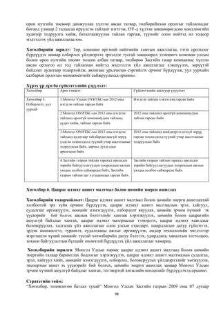 орон нутгийн төсвөөр дамжуулан хүлээн авсан татвар, төлбөрийнхөө орлогыг тайлагнадаг
бөгөөд улмаар 2 талаасаа ирүүлсэн тайланг нэгтгэж, ОУ-д хүлээн зөвшөөрөгдсөн хөндлөнгийн
аудитор тодруулга хийж, баталгаажуулан тайлан гаргаж, түүнийг олон нийтэд ил тодоор
мэдээллэх үйл ажиллагаа юм.

Хөтөлбөрийн зорилт: Төр, компани иргэний нийгмийн хамтын ажиллагаа, тэгш оролцоог
бүрдүүдэх замаар олборлох үйлдвэрлэл эрхэлдэг тусгай зөвшөөрөл эзэмшигч компани улсын
болон орон нутгийн төсөвт төлсөн албан татвар, төлбөрөө Засгийн газар компаниас хүлээн
авсан орлогоо ил тод тайлагнан нийтэд мэдээллэх үйл ажиллагааг хэвшүүлэх, зөрүүтэй
байдлыг аудитаар тодорхойлж, авлигаас урьдчилан сэргийлэх орчинг бүрдүүлж, уул уурхайн
салбарын орлогын менежментийг сайжруулахад оршино.

Хүрэх үр дүн ба гүйцэтгэлийн үзүүлэлт:
Хөтөлбөр         Арга хэмжээ                              Гүйцэтгэлийн шалгуур үзүүлэлт

Хөтөлбөр 5.      1.Монгол Улсын ОҮИТБС-ын 2012 оны        Нэгдсэн тайлан хэвлэгдэн гарсан байх
Олборлолт, уул   нэгдсэн тайлан гарсан байх
уурхай
                 2.Монгол ОҮИТБС-ын 2012 оны нэгдсэн      2012 оны тайланд ороогүй компаниудын
                 тайланд ороогүй компаниудын тайланд      тайлан гарсан байх
                 аудит хийж, тайлан гарсан байх

                 3.Монгол ОҮИТБС-ын 2012 оны нэгдсэн      2012 оны тайланд шийдвэрлэгдээгүй зөрүү
                 тайланд аудитаар тайлбардагдаагүй зөрүү  гарсан тохиолдолд түүний учир шалтгааныг
                 үлдсэн тохиолдолд түүний учир шалтгааныг тодруулсан байх
                 тодруулсан байх, зөрчил дутагдлыг
                 арилгасан байх

                 4.Засгийн газрын тайлан гарахад оролцдог  Засгийн газрын тайлан гарахад оролцдог
                 төрийн байгууллагуудын хоорондын ажлын төрийн байгууллагуудын хоорондын ажлын
                 уялдаа холбоо сайжирсан байх, Засгийн     уялдаа холбоо сайжирсан байх
                 газрын тайлан цаг хугацаандаа гарсан байх


Хөтөлбөр 6. Цацраг идэвхт ашигт малтмал болон цөмийн энерги ашиглах

Хөтөлбөрийн тодорхойлолт: Цацраг идэвхт ашигт малтмал болон цөмийн энерги ашиглахтай
холбоотой эрх зүйн орчинг бүрдүүлэх, цацраг идэвхт ашигт малтмалын эрэл, хайгуул,
судалгааг өргөжүүлэх, нөөцийг нэмэгдүүлэх, олборлолт явуулах, цөмийн эрчим хүчний эх
үүсвэрийг бий болгох ажлын бэлтгэлийг хангаж хэрэгжүүлэх, цөмийн болон цацрагийн
аюулгүй байдлыг хангах, цацраг идэвхт материалыг тээвэрлэх, цацраг идэвхт хаягдлыг
боловсруулах, хадгалах үйл ажиллагааг олон улсын стандарт, шаардлагын дагуу гүйцэтгэх,
эрдэм шинжилгээ, туршилт, судалгааны ажлыг өргөжүүлэх, өндөр технологийн чиглэлээр
мэргэшсэн хүний нөөцийг тусгай хөтөлбөрийн дагуу бэлтгэх, удирдлага, хяналтын тогтолцоо,
зохион байгуулалтын бүтцийг оновчтой бүрдүүлэх үйл ажиллагааг хамарна.
 Хөтөлбөрийн зорилго: Монгол Улсын төрөөс цацраг идэвхт ашигт малтмал болон цөмийн
энергийн талаар баримтлах бодлогыг хэрэгжүүлэх, цацраг идэвхт ашигт малтмалын судалгаа,
эрэл, хайгуул хийх, нөөцийг нэмэгдүүлэх, олборлох, боловсруулах үйлдвэрлэлийг хөгжүүлэн,
экспортын шинэ эх үүсвэрийг бий болгох, цөмийн энерги ашиглах замаар Монгол Улсын
эрчим хүчний аюулгүй байдлыг хангах, тогтвортой хөгжлийн нөхцөлийг бүрдүүлэхэд оршино.

Стратегийн тойм:
“Хөтөлбөр, төлөвлөгөө батлах тухай” Монгол Улсын Засгийн газрын 2009 оны 07 дугаар
                                               98
 