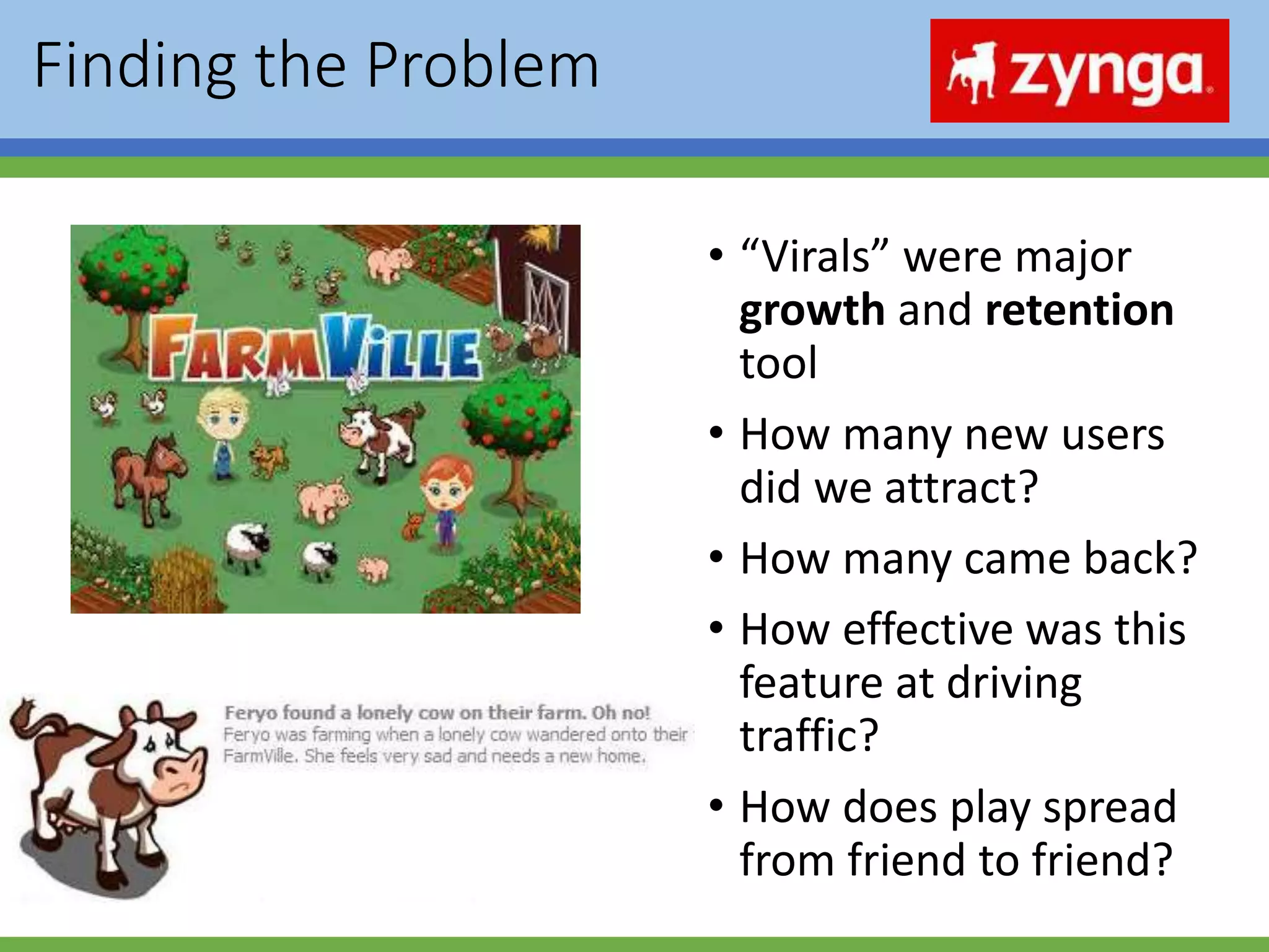 Finding the Problem
• “Virals” were major
growth and retention
tool
• How many new users
did we attract?
• How many came back?
• How effective was this
feature at driving
traffic?
• How does play spread
from friend to friend?
 