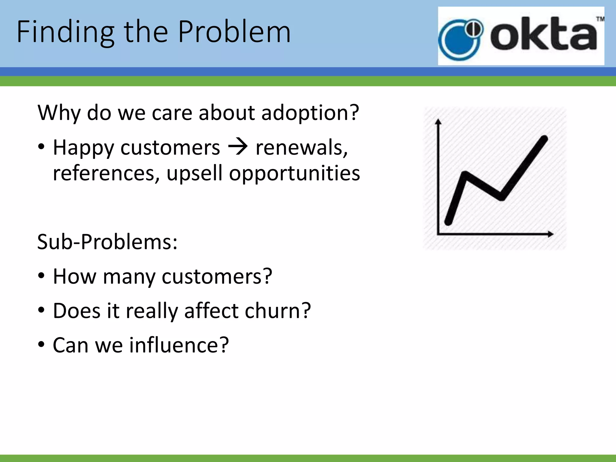 Finding the Problem
Why do we care about adoption?
• Happy customers  renewals,
references, upsell opportunities
Sub-Problems:
• How many customers?
• Does it really affect churn?
• Can we influence?
 