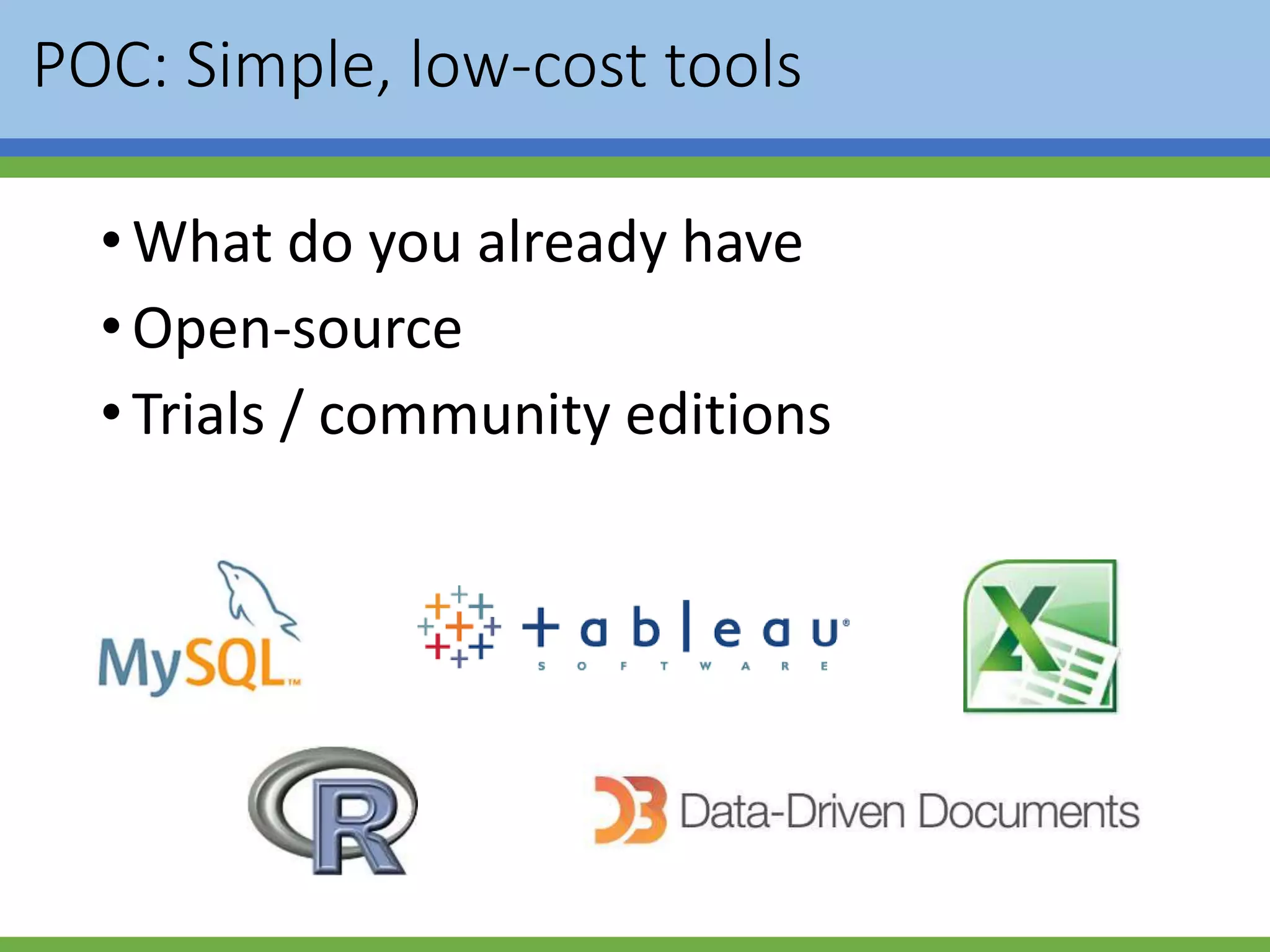 POC: Simple, low-cost tools
•What do you already have
•Open-source
•Trials / community editions
 