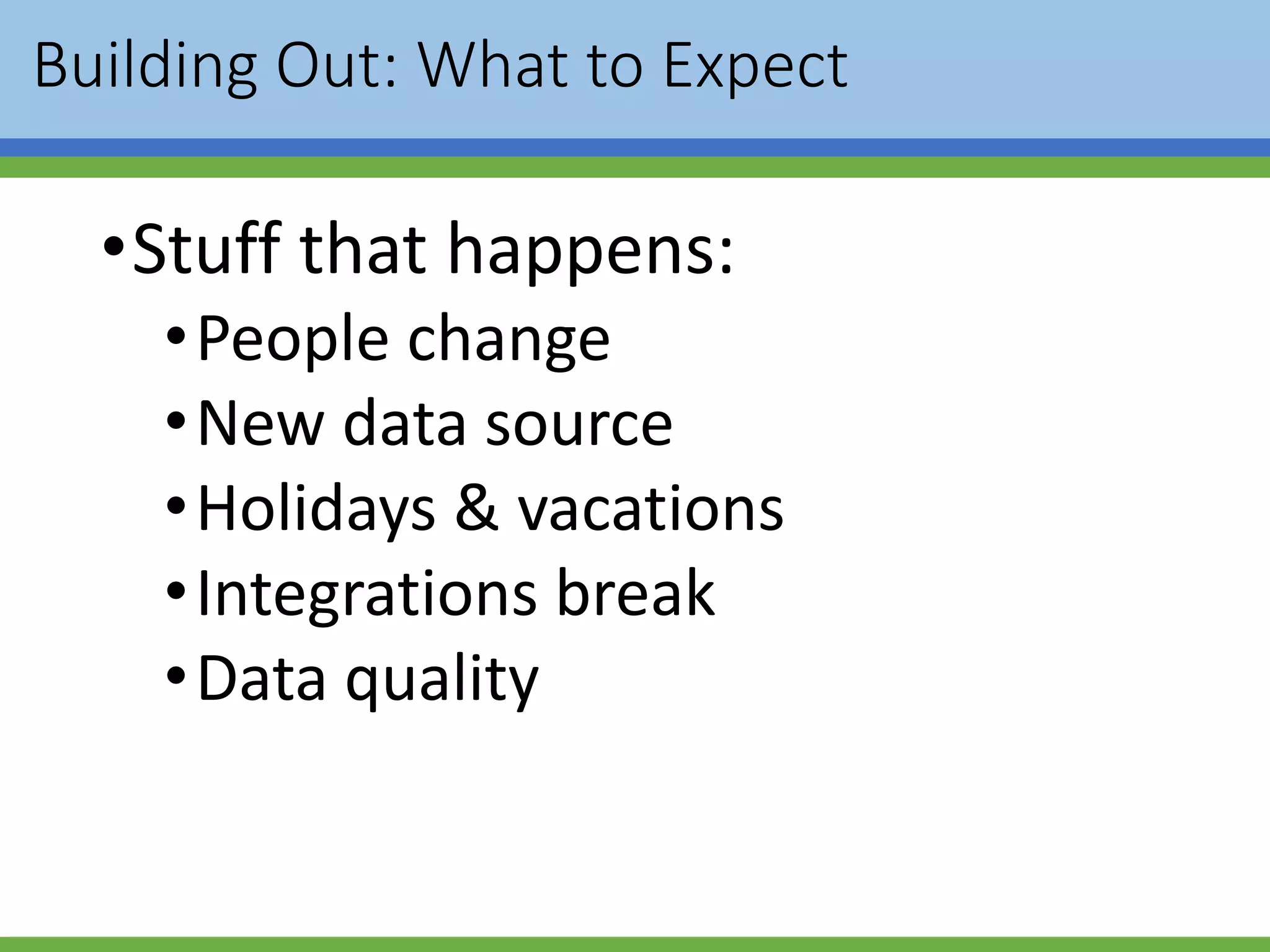 Building Out: What to Expect
•Stuff that happens:
•People change
•New data source
•Holidays & vacations
•Integrations break
•Data quality
 