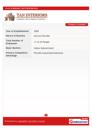 - Company Factsheet -


Year of Establishment   2004

Nature of Business      Service Provider

Total Number of
                        11 to 25 People
Employees

Major Markets           Indian Subcontinent

Primary Competitive     Provide Customized Solutions
Advantage
 