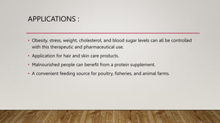 APPLICATIONS :
• Obesity, stress, weight, cholesterol, and blood sugar levels can all be controlled
with this therapeutic and pharmaceutical use.
• Application for hair and skin care products.
• Malnourished people can benefit from a protein supplement.
• A convenient feeding source for poultry, fisheries, and animal farms.
 