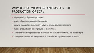 WHY TO USE MICROORGANISMS FOR THE
PRODUCTION OF SCP :
• High quantity of protein produced.
• quality of protein generated is superior.
• easy to manipulate genetically - diverse amino acid compositions.
• Waste products can be employed as a substrate.
• The fermentation procedures, as well as the culture conditions, are both simple.
• The generation of microorganisms is not affected by environmental factors.
 