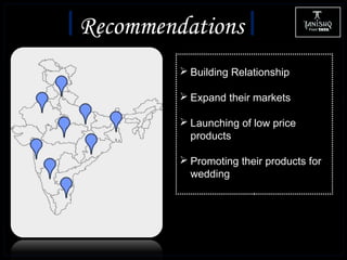 Recommendations
 Building Relationship
 Expand their markets
 Launching of low price
products
 Promoting their products for
wedding
 