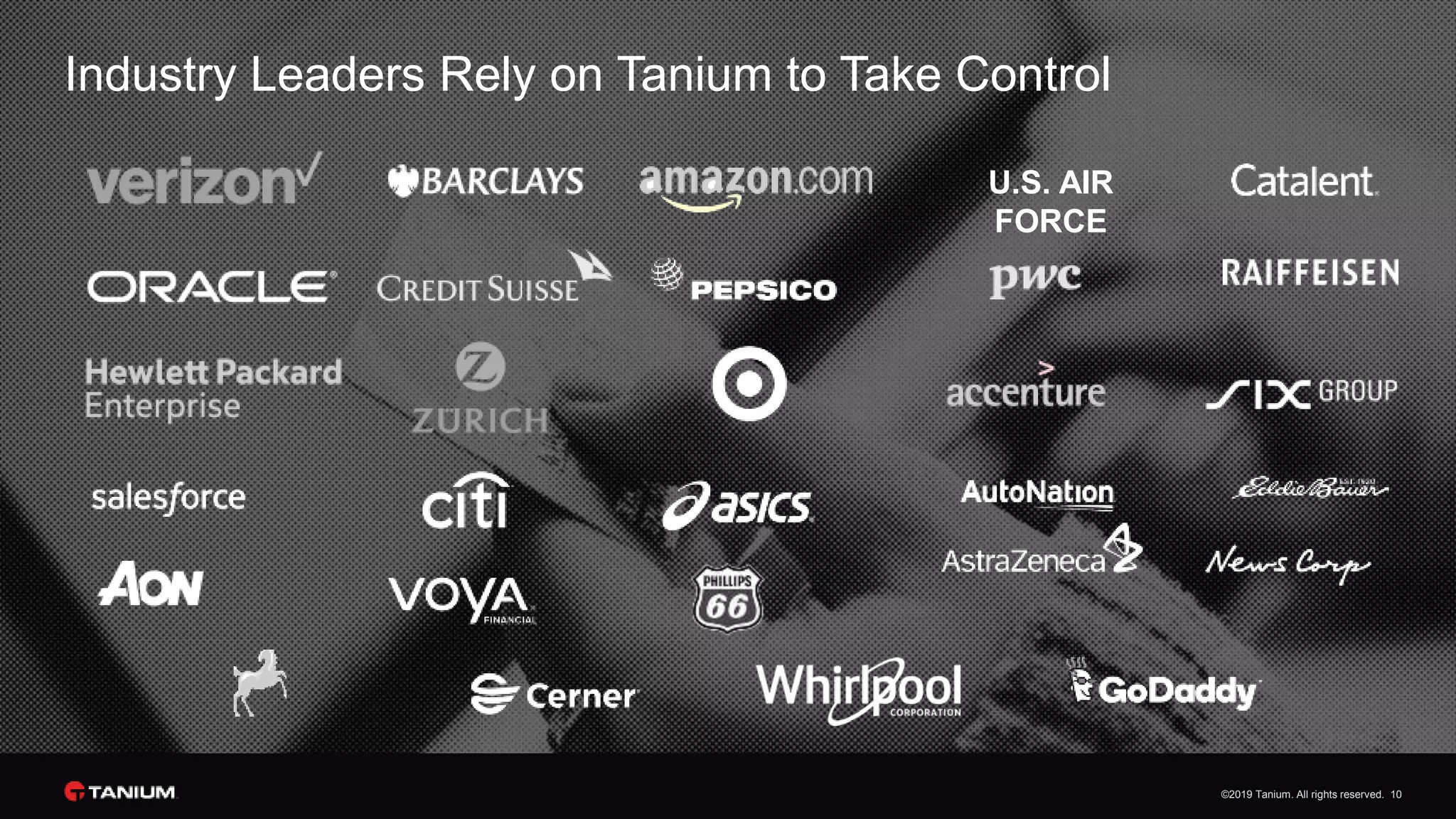 ©2019 Tanium. All rights reserved. 10
Industry Leaders Rely on Tanium to Take Control
U.S. AIR
FORCE
 