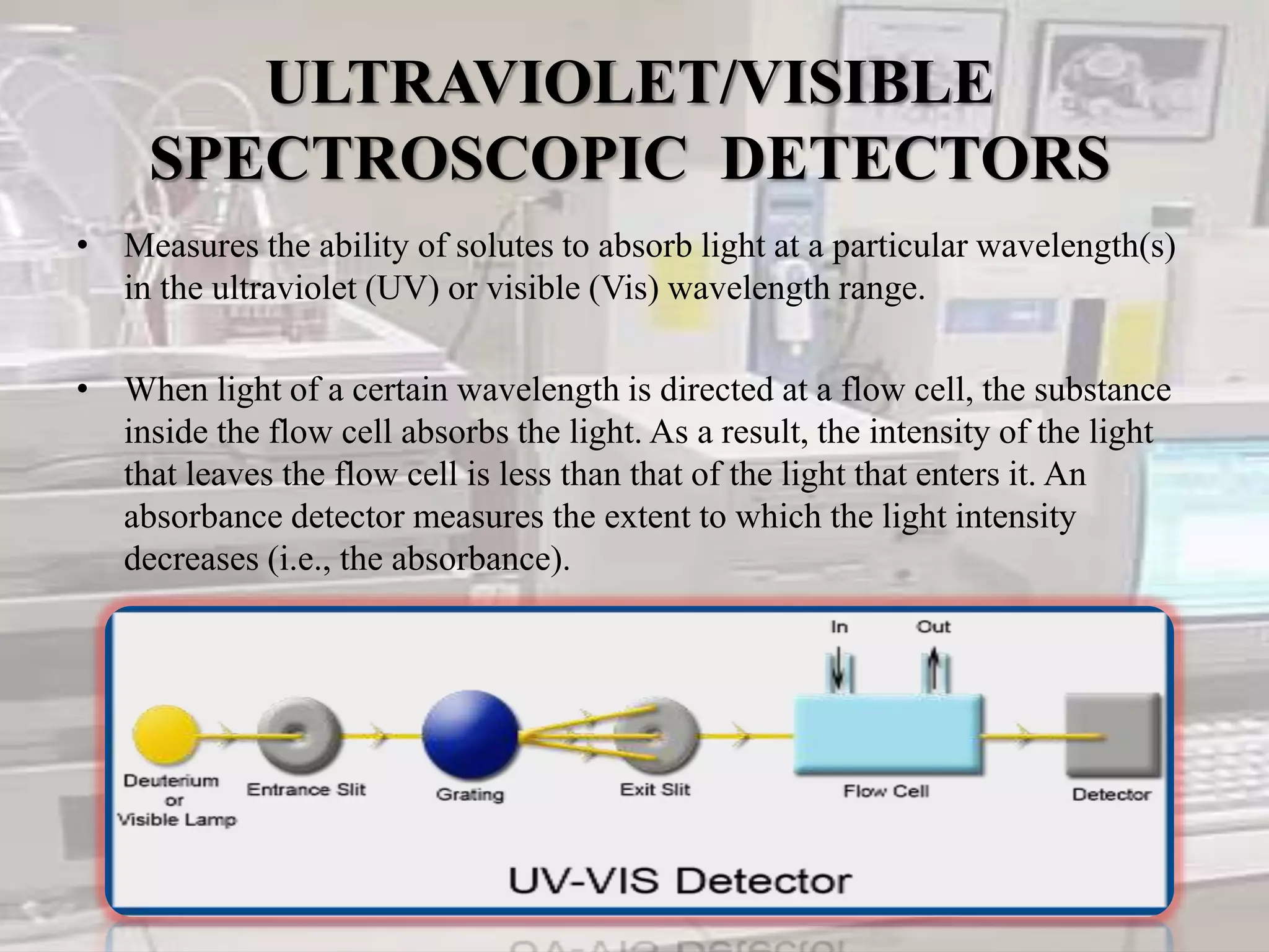 ULTRAVIOLET/VISIBLE
SPECTROSCOPIC DETECTORS
• Measures the ability of solutes to absorb light at a particular wavelength(s)
in the ultraviolet (UV) or visible (Vis) wavelength range.
• When light of a certain wavelength is directed at a flow cell, the substance
inside the flow cell absorbs the light. As a result, the intensity of the light
that leaves the flow cell is less than that of the light that enters it. An
absorbance detector measures the extent to which the light intensity
decreases (i.e., the absorbance).
 