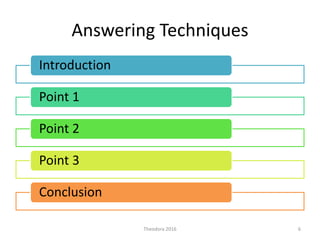 Answering Techniques
Introduction
Point 1
Point 2
Point 3
Conclusion
6Theodora 2016
 