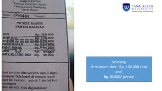 Ticketing
Htm beach club : Rp. 100.000 / car
and
Rp.10.000/ person
 