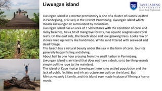 Liwungan island
Liwungan island in a mortar promontory is one of a cluster of islands located
in Pandeglang, precisely in the District Panimbang. Liwungan island which
means kaliwungan or surrounded by mountains.
Liwungan island has an area of ± 50 hectares with the condition of coral and​​
rocky beaches, has a bit of mangrove forests, has aquatic seagrass and coral
reefs. On the east side, the beach slope and low-growing trees. Looks row of
stones lined up neatly like handmade. White sand littered with seaweed and
dead foliage
This beach has a natural beauty under the sea in the form of coral. tourists
generally happy fishing and diving.
About half to one hour crossing from the small harbor in Panimbang.
Liwungan island is an island that does not have a dock, so to berthing vessels
simply pull the rope to the mainland.
The island of Cape mortar Liwwingan there is no settled population and the
lack of public facilities and infrastructure are built on the island. But
Mintosnya only 1 family, and this island ever made in place of filming a horror
movie.
 