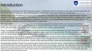 Introduction
Tanjung Lesung is nestled in the West Coast area of Java, in the Banten Province. Beaches on this coast is known to be some of
the best as they offer good surf, calm swimming spots, considerably healthy reefs, and white inviting sand.
Slightly bulging from the mainland of Java into the Sunda Straits is Tanjung Lesung, a developing integrated beach resort for
recreation and hotels overlooking Mt. Anak Krakatau, all that is left of the once mighty Krakatau volcano. Located on Java’s most
western coast in the district of Pandeglang in the province of Banten, the Tanjung Lesung resembles the lesung, which in the
local Sundanese language means the receptacle for rice pounding.
This huge 1,500 hectares area of Tanjung Lesung has been developed by the Banten West Java Tourism Development
Corporation (BWJ) since 1996, patterned after the famed Nusa Dua Resort in Bali. The resort is envisaged to contain top range
hotels and restaurants, a convention hall, a number of golf courses, marina and theme park.
Today, Tanjung Lesung offers a perfect place to lay back and immerse oneself in the beauty of nature found along the vast
stretch of soft white sandy beaches, clear and calm blue waters, and fresh tropical breezes. The 15km shoreline is the perfect
place for various beach activities such as beach volley, beach football, or just lie down under the indulging sunshine.
Tanjung Lesung can also act as the staging point for those who wish to venture to the Krakatau volcanic island, or visit the Ujung
Kulon National Park. Although this Park is the last habitat of the endangered one-horned Java rhinos it is almost impossible to
see them since they are very shy animals. Instead, enjoy watching wild deer, boars and wild buffaloes roam free in the park.
The geographic position of Cape Tanjung Lesung does not directly face the Indian Ocean, and therefore its waters are relatively
calm and are perfect for swimming and other water activities such as Jet skiing, or boating. The magnificent scenery of Tanjung
Lesung also lies beneath the surface. Beautiful coral reefs, decorated with colorful fish and seafloor dwellers make this a perfect
spot for snorkeling and Diving. For those who enjoy the sensation of reeling in the big fish, there are many fishing spots that
 