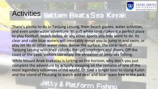 Activities
There’s plenty to do in Tanjung Lesung, from beach games, water activities,
and even underwater adventure. Its soft white sand makes it a perfect place
to play football, beach volley, or any other sports you may want to do. Its
clear and calm blue waters will inevitably tempt you to jump in and swim, or
play Jet Ski or other water rides. Below the surface, the coral reefs of
Tanjung Lesung with their colorful fish call snorkelers and divers. Off the
coast of the cape, visitors can enjoy the sensation of deep sea fishing.
While Mount Anak Krakatau is lurking on the horizon, why don’t you just
complete the adventure by actually stepping on the remains of one of the
most legendary volcanoes in the world. Or take a longer tour to Ujung Kulon
and the island of Peucang to watch wild deer and boar roam free in the park.
 