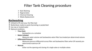 Filter Tank Cleaning procedure
 Back Washing
 Regeneration
 Chemical Cleaning
 Media Replacement
Backwashing
 Utilized to lift and scour the filter bed
 Redistribute media to avoid channeling or packed bed
 Use raw or treated water
 Optional conditions
• Time Clock
Backwashes on a schedule
• Meter Initiated
Measures water volume and backwashes when filter has treated pre-determined volume
• Differential Pressure
Measures pressure differential across filter and backwashes filters when DP exceeds pre-
determined maximum DP
• Manual
Either via the opening and closing of a single valve or multiple valves
 