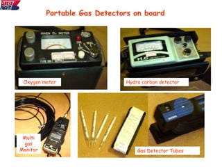 Oxygen meter Hydro carbon detector
Portable Gas Detectors on board
Multi
gas
Monitor Gas Detector Tubes
 