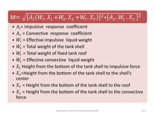 M= 𝐴𝑖 𝑊𝑖. 𝑋𝑖 +𝑊𝑠. 𝑋𝑠 +𝑊𝑟. 𝑋𝑟
2+ 𝐴 𝑐. 𝑊𝑐 . 𝑋𝑐
2
• 𝐴𝑖= Impulsive response coefficient
• 𝐴 𝑐 = Convective response coefficient
• 𝑊𝑖 = Effective impulsive liquid weight
• 𝑊𝑠 = Total weight of the tank shell
• 𝑊𝑟 = Total weight of fixed tank roof
• 𝑊𝑐 = Effective convective liquid weight
• 𝑋𝑖 Height from the bottom of the tank shell to impulsive force
• 𝑋𝑠=Height from the bottom of the tank shell to the shell’s
center
• 𝑋 𝑟 = Height from the bottom of the tank shell to the roof
• 𝑋𝑐 = Height from the bottom of the tank shell to the convective
force
eg.linkedin.com/in/moamenmohamedh 121
 