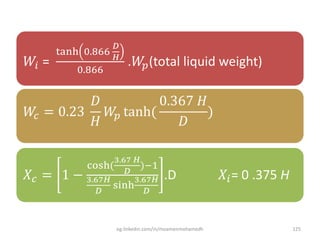 𝑊𝑖 =
tanh 0.866
𝐷
𝐻
0.866
.𝑊𝑝(total liquid weight)
𝑊𝑐 = 0.23
𝐷
𝐻
𝑊𝑝 tanh(
0.367 𝐻
𝐷
)
𝑋𝑐 = 1 −
cosh(
3.67 𝐻
𝐷
);1
3.67𝐻
𝐷
sinh
3.67𝐻
𝐷
.D 𝑋𝑖= 0 .375 H
eg.linkedin.com/in/moamenmohamedh 125
 