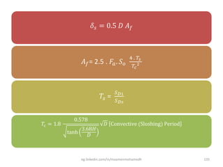 𝛿𝑠 = 0.5 𝐷 𝐴 𝑓
𝐴 𝑓= 2.5 . 𝐹𝑎. 𝑆 𝑜
4 . 𝑇𝑠
𝑇𝑐
2
𝑇𝑠 =
𝑆 𝐷1
𝑆 𝐷𝑠
𝑇𝑐 = 1.8
0.578
tanh
3.68𝐻
𝐷
𝐷 Convective (Sloshing) Period
eg.linkedin.com/in/moamenmohamedh 135
 