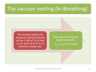 The vacuum venting (In-Breathing)
The venting capacity for
maximum liquid emptying
will be 15.86 𝑚3/h of free
air for each 15.9 𝑚3
/h of
maximum empty rate.
Flow rate of free air for
liquid movement,
𝑉𝑣1= 𝑉𝑜/ 15.9 *15.86
eg.linkedin.com/in/moamenmohamedh 57
 