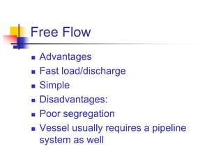 Free Flow
 Advantages
 Fast load/discharge
 Simple
 Disadvantages:
 Poor segregation
 Vessel usually requires a pipeline
system as well
 