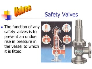 Safety Valves
 The function of any
safety valves is to
prevent an undue
rise in pressure in
the vessel to which
it is fitted
 