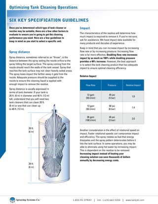 1.800.95.SPRAY | Intl. 1.630.665.5000 | www.tankjet.com
Optimizing Tank Cleaning Operations
Six Key Specification Guidelines
Once you’ve determined which type of tank cleaner or
nozzles may be suitable, there are a few other factors to
evaluate to ensure you’re going to get the cleaning
performance you need. Here are a few guidelines to
keep in mind as you start to select a specific unit.
Spray distance
Spray distance, sometimes referred to as “throw”, is the
distance between the spray exiting the nozzle orifice to the
spray hitting the target surface. The spray coming from the
nozzle should reach the walls of the tank vessel. Spray that
reaches the tank surface may not clean heavily soiled areas.
The spray loses impact the farther away it gets from the
nozzle. Adequate pressure should be supplied to the
nozzle to ensure the cleaning liquid is applied with
enough impact to remove the residue.
Spray distance is usually expressed in
terms of tank diameter. If your tank is
20 ft. (6 m) in diameter and 40 ft. (12 m)
tall, understand that you will need two
tank cleaners that can clean 20 ft.
(6 m) or one that can clean up
to 40 ft. (12 m).
Impact
The characteristics of the residue will determine how
much impact is required to remove it. If you’re not sure,
ask for assistance. We have impact data available for
many products and decades of experience.
Keep in mind that you can increase impact by increasing
flow rate or by increasing pressure. Increasing flow
rate is far more effective. Doubling flow rate increases
impact by as much as 100% while doubling pressure
provides a 40% increase. However, the best approach
is to select the tank cleaning product that has adequate
impact to ensure optimal cleaning efficiency.
Relative Impact
Flow Rate Pressure Relative Impact
13 gpm
(50 l/min)
45 psi
(3 bar)
1.0
13 gpm
(50 l/min)
90 psi
(6 bar)
1.4
26 gpm
(100 l/min)
45 psi
(3 bar)
2.0
Another consideration is the effect of rotational speed on
impact. Faster rotational speeds can compromise impact
and efficiency. The spray rotates so fast that energy
dissipates and the spray pattern deteriorates before it
hits the tank surface. In some operations, you may be
able to eliminate using hot water by increasing impact.
This is dependent on the residue to be removed.
Increasing impact instead of heating your
cleaning solution can save thousands of dollars
annually by decreasing energy costs.
20 ft.
(6 m)
20 ft.
(6 m)
 